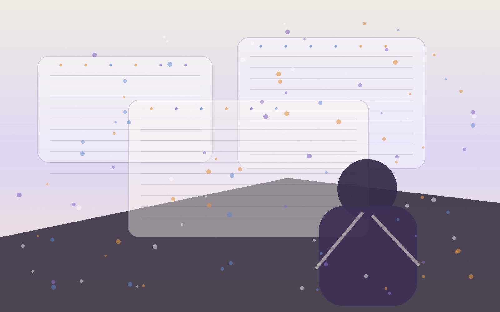 Escena abstracta de una persona trabajando con capas de automatización y pantallas